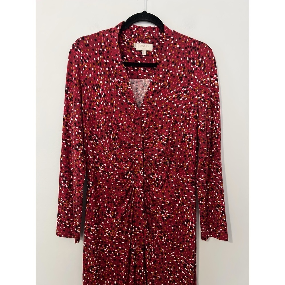 Hobbs London Hatty Jersey Dress Women’s 10 Red Multi Long Sleeve Button Ruched - Picture 5 of 16